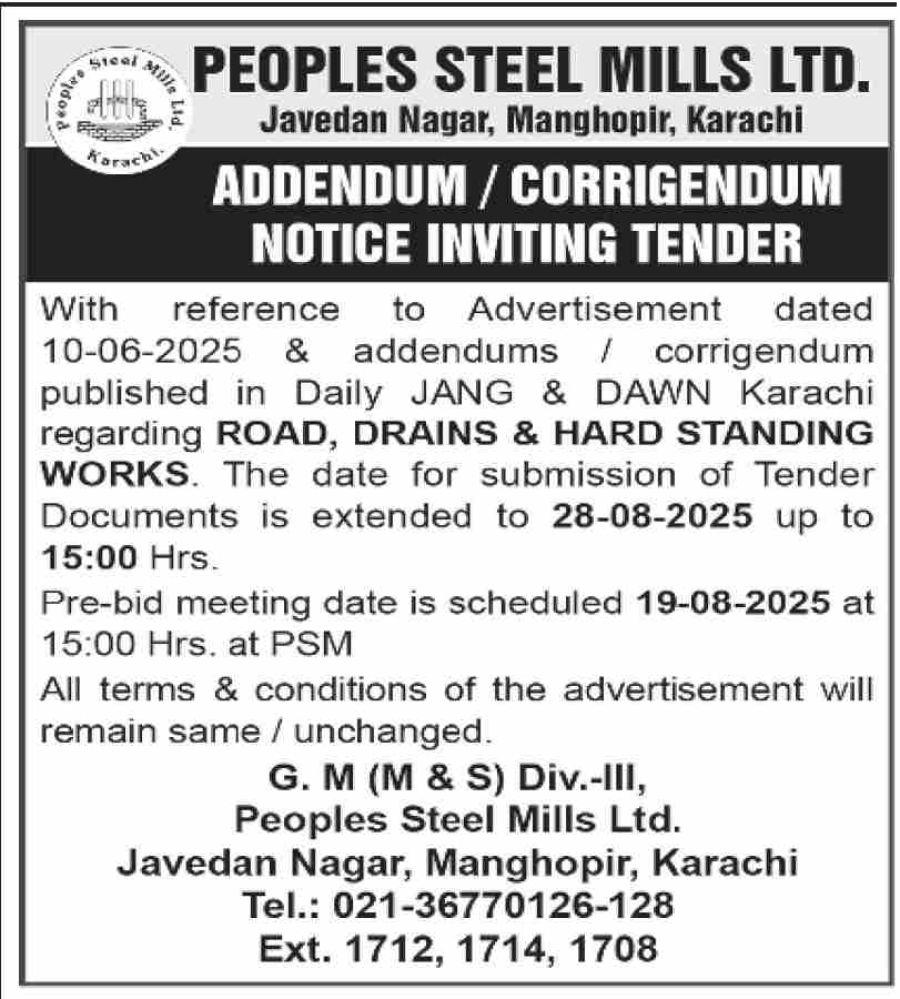 Peoples Steel Mills Ltd Karachi Tender Notice